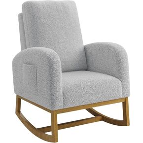 Teddy Upholstered Rocking Chair Nursery, Glider Rocker Chair with High Backrest and Side Pocket, High Back Accent Chair with Wood Legs, Comfy Side Chair for Nursery- White