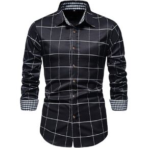 Men's Long Sleeve Striped Dress Shirts Classic Plaid Button Down Shirts Slim Fit Turn-Down Collar Shirt Top