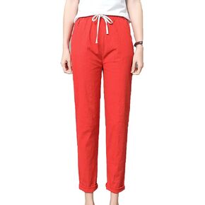 Maiyifu-GJ Women's Linen Drawstring Cropped Pants Summer Soft Casual Elastic Waist Trousers Tapered Cropped Pant with Pockets