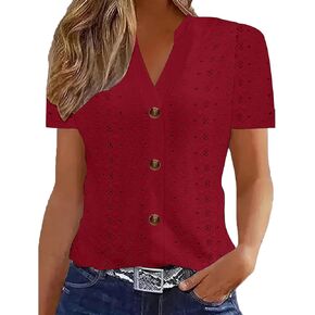 Hollow Out Eyelet Embroidery Tops Womens Short Sleeve V Neck Casual Dressy Button Down Shirts Blouses Soft Tees in Kuwait