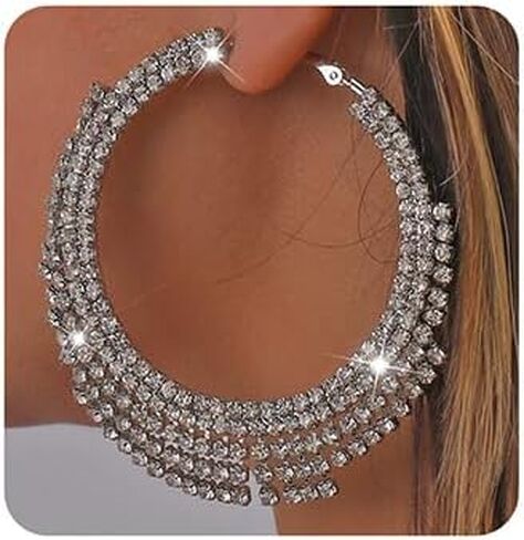 Large Rhinestone Hoop Earrings Big Round Circle Earrings Tassel Chain Dangle Earrings Statement Earrings for Women Girls（Gold） in Saudi Arabia