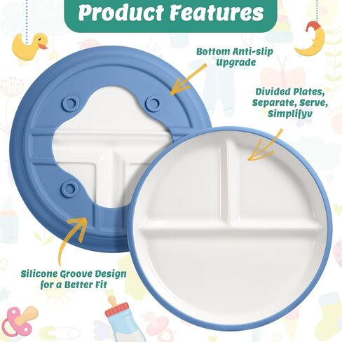 DOMENSI 4 Pack 8 "ألواح الخزف الكبيرة مع الأكمام المضادة للسيليكون المقسوم من الأطباق الخزفية المقسم للألواح الدقيقة آمنة للأطفال الصغار الذين يأكلون (ألوان المعكرون) in Kuwait