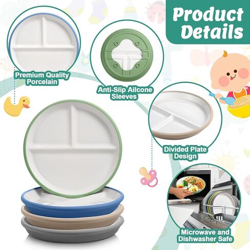 DOMENSI 4 Pack 8 "ألواح الخزف الكبيرة مع الأكمام المضادة للسيليكون المقسوم من الأطباق الخزفية المقسم للألواح الدقيقة آمنة للأطفال الصغار الذين يأكلون (ألوان المعكرون) in Kuwait
