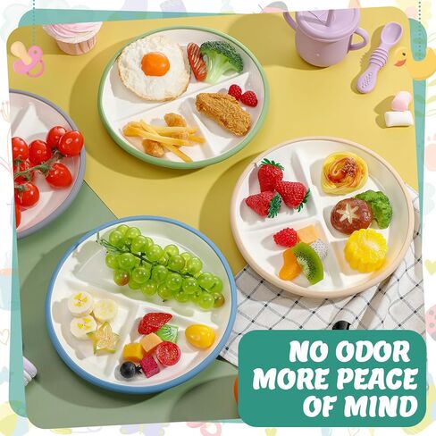 DOMENSI 4 Pack 8 "ألواح الخزف الكبيرة مع الأكمام المضادة للسيليكون المقسوم من الأطباق الخزفية المقسم للألواح الدقيقة آمنة للأطفال الصغار الذين يأكلون (ألوان المعكرون) in Kuwait