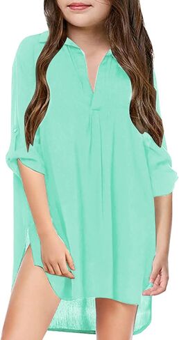 Girls Swimsuit Beach Cover up Shirt Bikini V-Neck Beachwear Bathing Suit Dress Kid Summer Short Sleeve Chiffon Top in Saudi Arabia