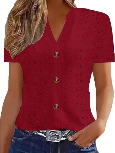 Hollow Out Eyelet Embroidery Tops Womens Short Sleeve V Neck Casual Dressy Button Down Shirts Blouses Soft Tees in Kuwait