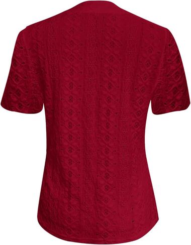 Hollow Out Eyelet Embroidery Tops Womens Short Sleeve V Neck Casual Dressy Button Down Shirts Blouses Soft Tees in Kuwait