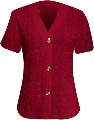 Hollow Out Eyelet Embroidery Tops Womens Short Sleeve V Neck Casual Dressy Button Down Shirts Blouses Soft Tees in Kuwait