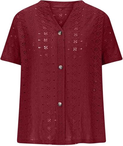 Hollow Out Eyelet Embroidery Tops Womens Short Sleeve V Neck Casual Dressy Button Down Shirts Blouses Soft Tees in Kuwait
