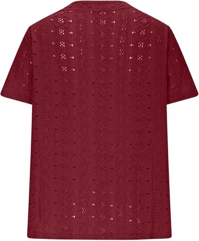 Hollow Out Eyelet Embroidery Tops Womens Short Sleeve V Neck Casual Dressy Button Down Shirts Blouses Soft Tees in Kuwait