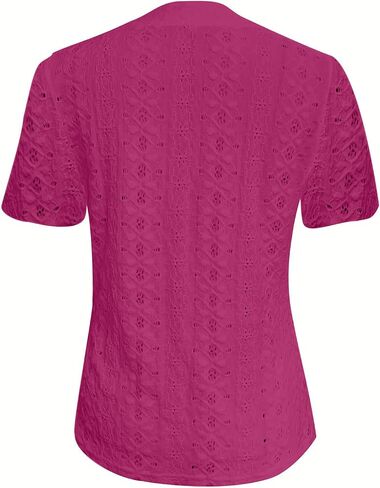 Hollow Out Eyelet Embroidery Tops Womens Short Sleeve V Neck Casual Dressy Button Down Shirts Blouses Soft Tees in Saudi Arabia