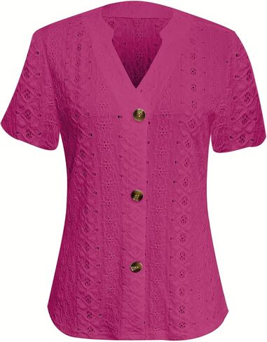 Hollow Out Eyelet Embroidery Tops Womens Short Sleeve V Neck Casual Dressy Button Down Shirts Blouses Soft Tees in Saudi Arabia