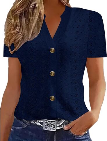 Hollow Out Eyelet Embroidery Tops Womens Short Sleeve V Neck Casual Dressy Button Down Shirts Blouses Soft Tees in Saudi Arabia