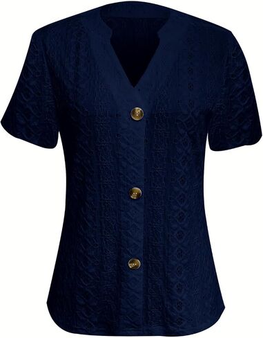 Hollow Out Eyelet Embroidery Tops Womens Short Sleeve V Neck Casual Dressy Button Down Shirts Blouses Soft Tees in Saudi Arabia
