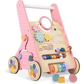 Wooden Baby Walker with Wheels, Push Walker for Baby Boy 6-12 Months, Baby Activity Center Sit to Stand Walker Small Size