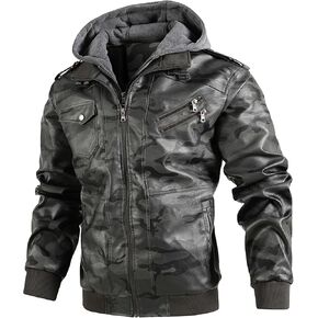 Maiyifu-GJ Casual Motorcycle Jacket for Men Faux Leather Windproof Moto Coat Vintage Bomber Hoodie with Removable Hood