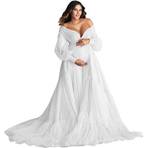Puffy Long Sleeve Maternity Dress for Photoshoot Sheer Tulle Robe Long Baby Shower Pregnancy Dress