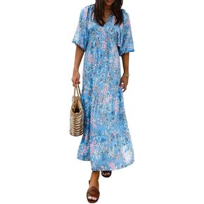 Boho Maxi Dresses for Women 2025 Loose Fit Puff Sleeve Long Bohemian Dress Geometric Pattern Tiered Flowy Dress