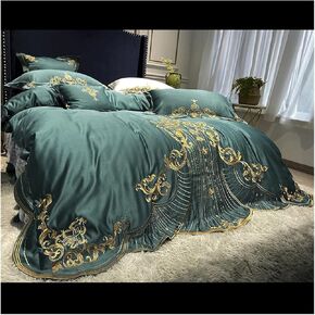 Bed Four Pieces Set White Soft Satin Cotton Gold Embroidery Bedding Set Double Quilt Cover Sheet lace Bed Skirt Pillowcase(Silver,B1.8M)