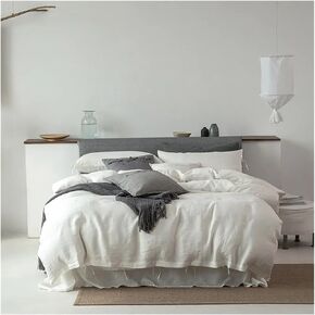Premium Washed French Linen Duvet Cover Breathable Comfy 4Pcs Bedding Set with Bed Sheet Pillowcases Bed Four Pieces Set(A,Flat Bed Sheet-King 4PCS)