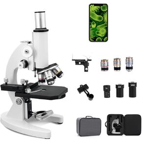 Compound Microscope for Adults and Children, 30,000x 50,000x 70,000x Biological Microscope for Students, School Labs, and Homeschooling, Comes with Slide Set and Cell Phone Holder (White),30000X