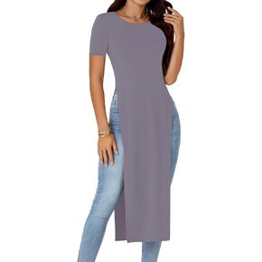 Women's Crew Neck Split Slit Hem Short Sleeve Slim Fit Blouse Long Shirt Tunic Top in Saudi Arabia