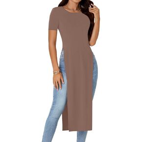 Women's Crew Neck Split Slit Hem Short Sleeve Slim Fit Blouse Long Shirt Tunic Top in Kuwait