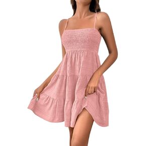FlekmanArt Dresses for Women Spaghetti Straps Boho Mini Dress 2025 Sleeveless Off Shoulder Smocked Tiered Beach Sundress