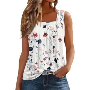 FlekmanArt Tank Top for Women Pleated Sleeveless T Shirts Printed Square Neck Summer Tank Tops Comfy Going Out Basic Tee