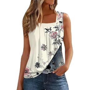 FlekmanArt Womens Tank Tops Pleated Sleeveless Tunic Tops Printed Square Neck Going Out T Shirts Comfy Loose Fit Basic Tee