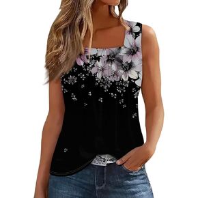 Womens Tank Tops Sleeveless Square Neck Basic Tee Pleated Printed Dressy T Shirts Loose Fit Fashion Tank Tops