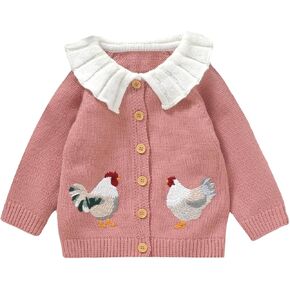 Pudcoco Toddler Baby Girls Knitted Cardigan Sweater Rooster Hen Embrodidery Button Down Coat Outwear