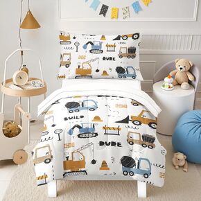 Toddler Bedding Set for Boys - 4-Piece Truck Bedding Comforter Set for Kids, Soft Comfort Construction Vehicle Bedding Includes Flat Sheet, Fitted Sheet, Comforter, Pillowcase