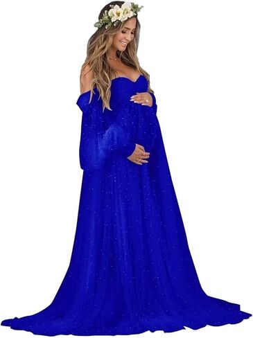 Pearl Tulle Maternity Dress for Photoshoot Long Puffy Sleeve Pregnancy Gowns Off Shoulder Baby Shower Dress in Saudi Arabia