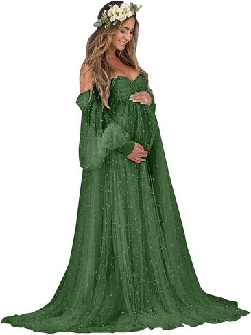 Pearl Tulle Maternity Dress for Photoshoot Long Puffy Sleeve Pregnancy Gowns Off Shoulder Baby Shower Dress in Saudi Arabia
