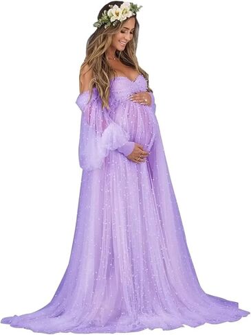 Pearl Tulle Maternity Dress for Photoshoot Long Puffy Sleeve Pregnancy Gowns Off Shoulder Baby Shower Dress in Saudi Arabia