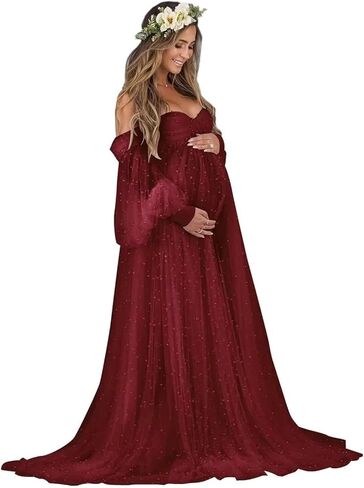 Pearl Tulle Maternity Dress for Photoshoot Long Puffy Sleeve Pregnancy Gowns Off Shoulder Baby Shower Dress in Saudi Arabia