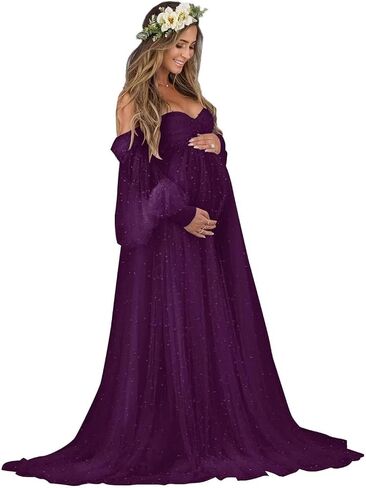 Pearl Tulle Maternity Dress for Photoshoot Long Puffy Sleeve Pregnancy Gowns Off Shoulder Baby Shower Dress in Saudi Arabia