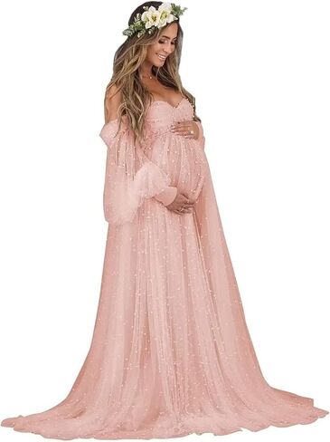 Pearl Tulle Maternity Dress for Photoshoot Long Puffy Sleeve Pregnancy Gowns Off Shoulder Baby Shower Dress in Saudi Arabia