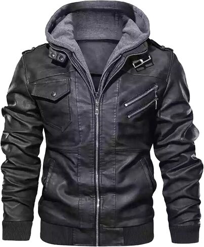 Maiyifu-GJ Casual Motorcycle Jacket for Men Faux Leather Windproof Moto Coat Vintage Bomber Hoodie with Removable Hood in Saudi Arabia