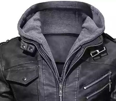 Maiyifu-GJ Casual Motorcycle Jacket for Men Faux Leather Windproof Moto Coat Vintage Bomber Hoodie with Removable Hood in Saudi Arabia