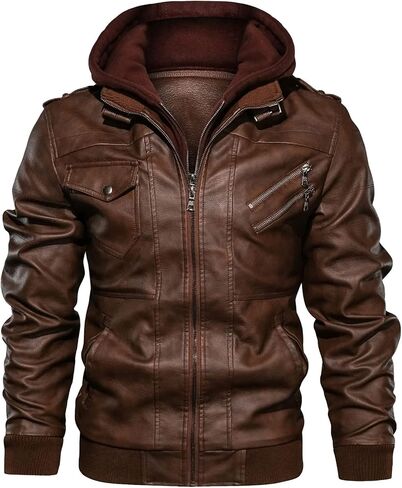 Maiyifu-GJ Casual Motorcycle Jacket for Men Faux Leather Windproof Moto Coat Vintage Bomber Hoodie with Removable Hood in Saudi Arabia