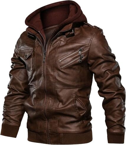 Maiyifu-GJ Casual Motorcycle Jacket for Men Faux Leather Windproof Moto Coat Vintage Bomber Hoodie with Removable Hood in Saudi Arabia