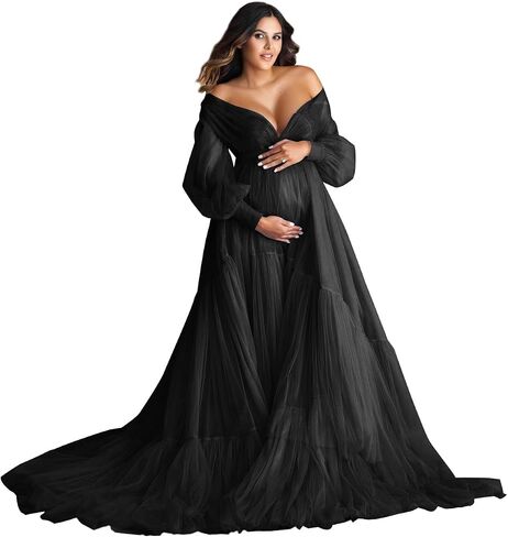 Puffy Long Sleeve Maternity Dress for Photoshoot Sheer Tulle Robe Long Baby Shower Pregnancy Dress in Saudi Arabia