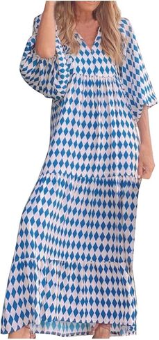 Boho Maxi Dresses for Women 2025 Loose Fit Puff Sleeve Long Bohemian Dress Geometric Pattern Tiered Flowy Dress in Saudi Arabia