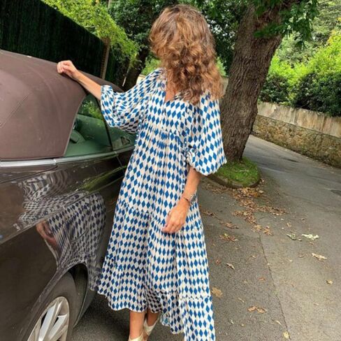 Boho Maxi Dresses for Women 2025 Loose Fit Puff Sleeve Long Bohemian Dress Geometric Pattern Tiered Flowy Dress in Saudi Arabia