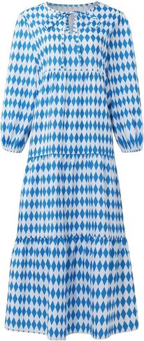 Boho Maxi Dresses for Women 2025 Loose Fit Puff Sleeve Long Bohemian Dress Geometric Pattern Tiered Flowy Dress in Saudi Arabia