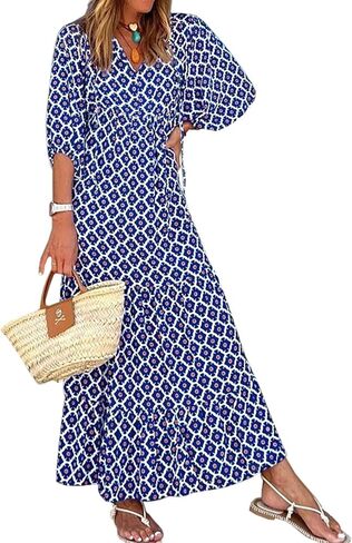 Boho Maxi Dresses for Women 2025 Loose Fit Puff Sleeve Long Bohemian Dress Geometric Pattern Tiered Flowy Dress in Saudi Arabia