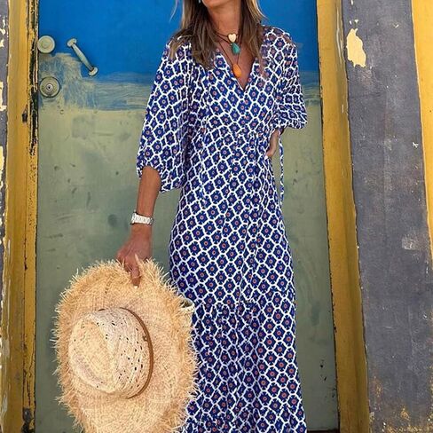 Boho Maxi Dresses for Women 2025 Loose Fit Puff Sleeve Long Bohemian Dress Geometric Pattern Tiered Flowy Dress in Saudi Arabia
