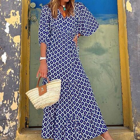 Boho Maxi Dresses for Women 2025 Loose Fit Puff Sleeve Long Bohemian Dress Geometric Pattern Tiered Flowy Dress in Saudi Arabia